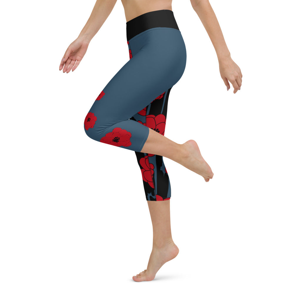 Big Bold Blooms Collection: Red, Black, and Blue High-Waisted Yoga Capri Leggings