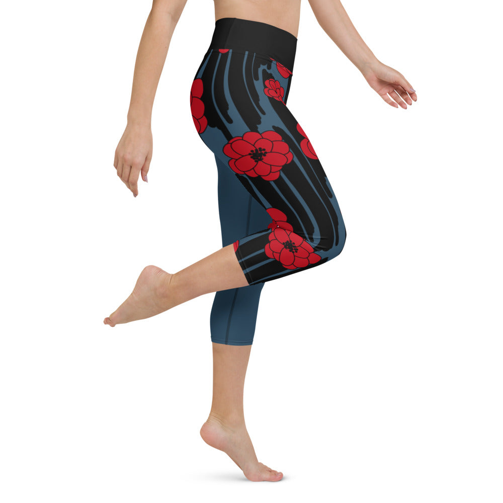 Big Bold Blooms Collection: Red, Black, and Blue High-Waisted Yoga Capri Leggings