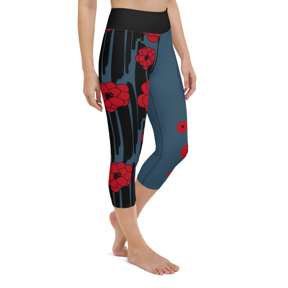 Big Bold Blooms Collection: Red, Black, and Blue High-Waisted Yoga Capri Leggings