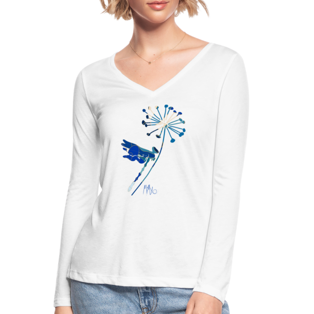 Joyful Autumn Dragonfly: Women’s Long Sleeve  V-Neck Flowy Tee - white