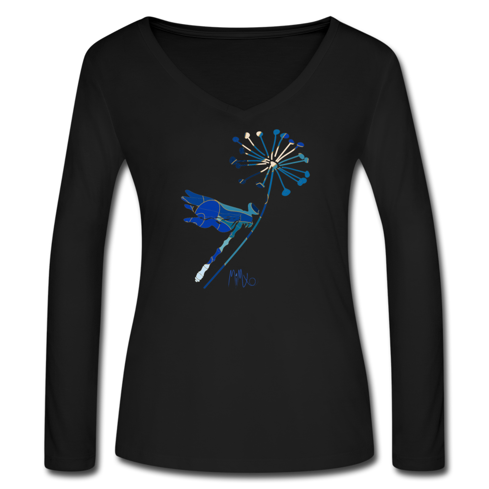 Joyful Autumn Dragonfly: Women’s Long Sleeve  V-Neck Flowy Tee - black