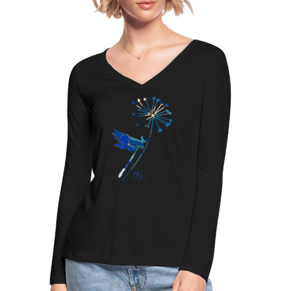 Joyful Autumn Dragonfly: Women’s Long Sleeve  V-Neck Flowy Tee - black