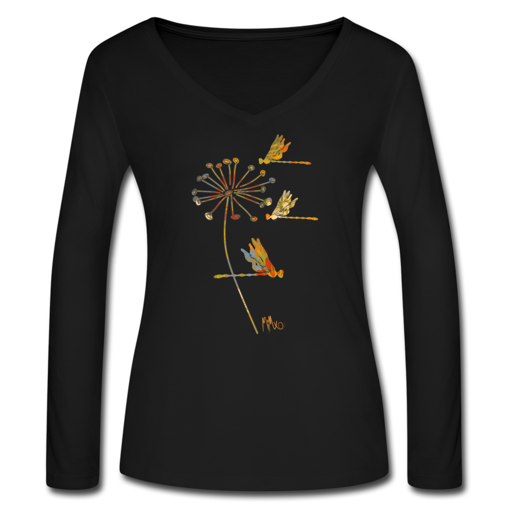 The Autumn Dragonfly Collection: Women’s Long Sleeve  V-Neck Flowy Tee - black