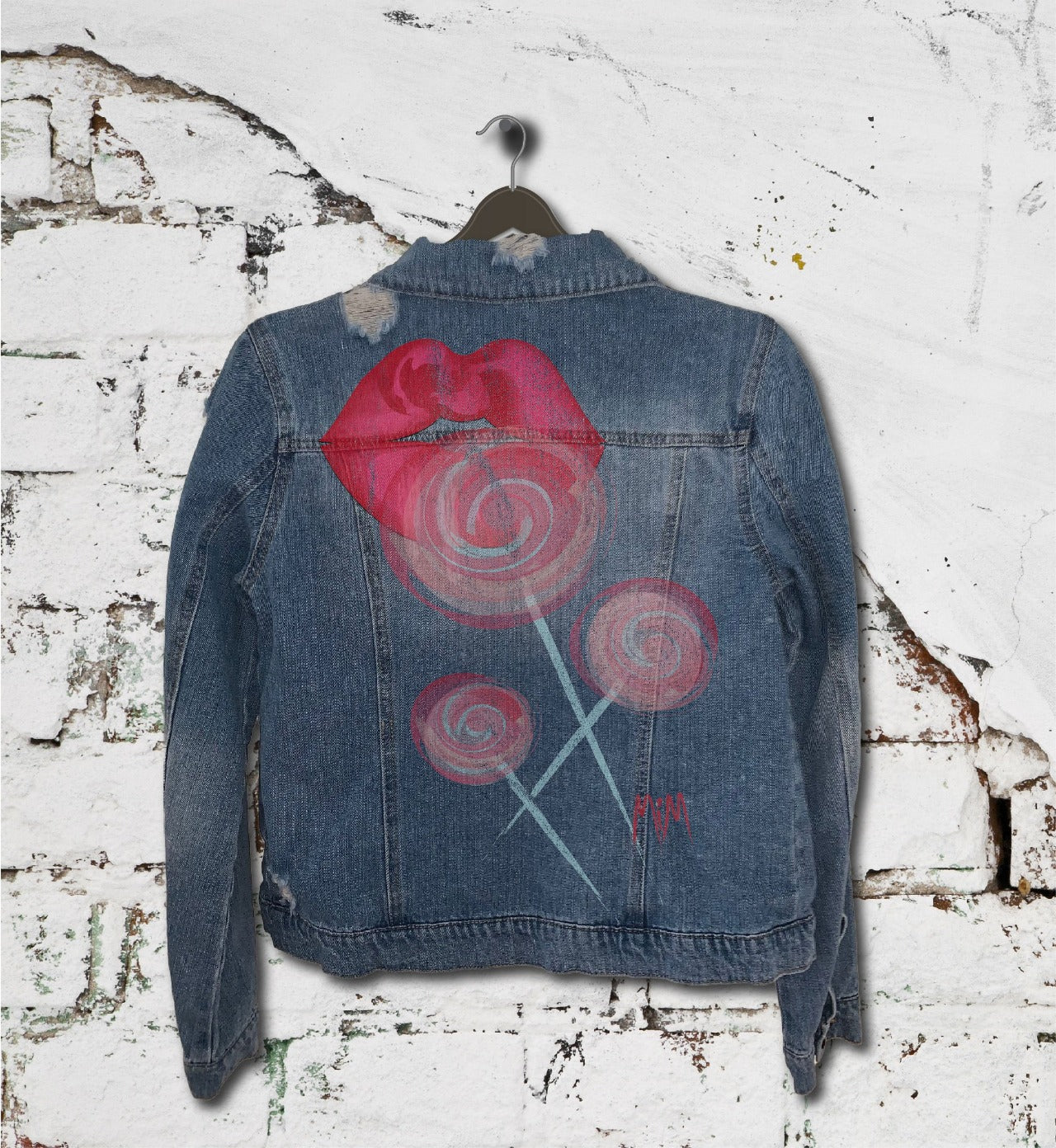 Kiss It Collection: Lipstick and Lollipops - Hand-Painted on Distressed Denim