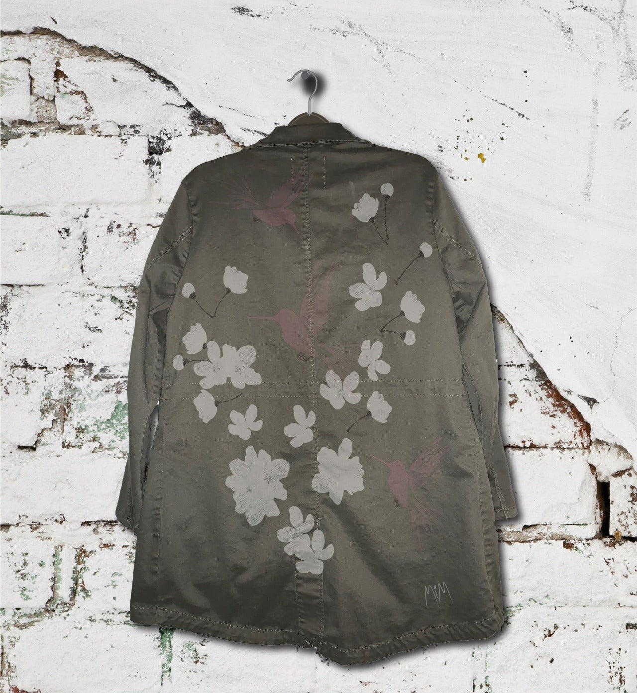 Soft Cherry Blossoms and Hummingbirds - Hand-Painted Bush Jacket