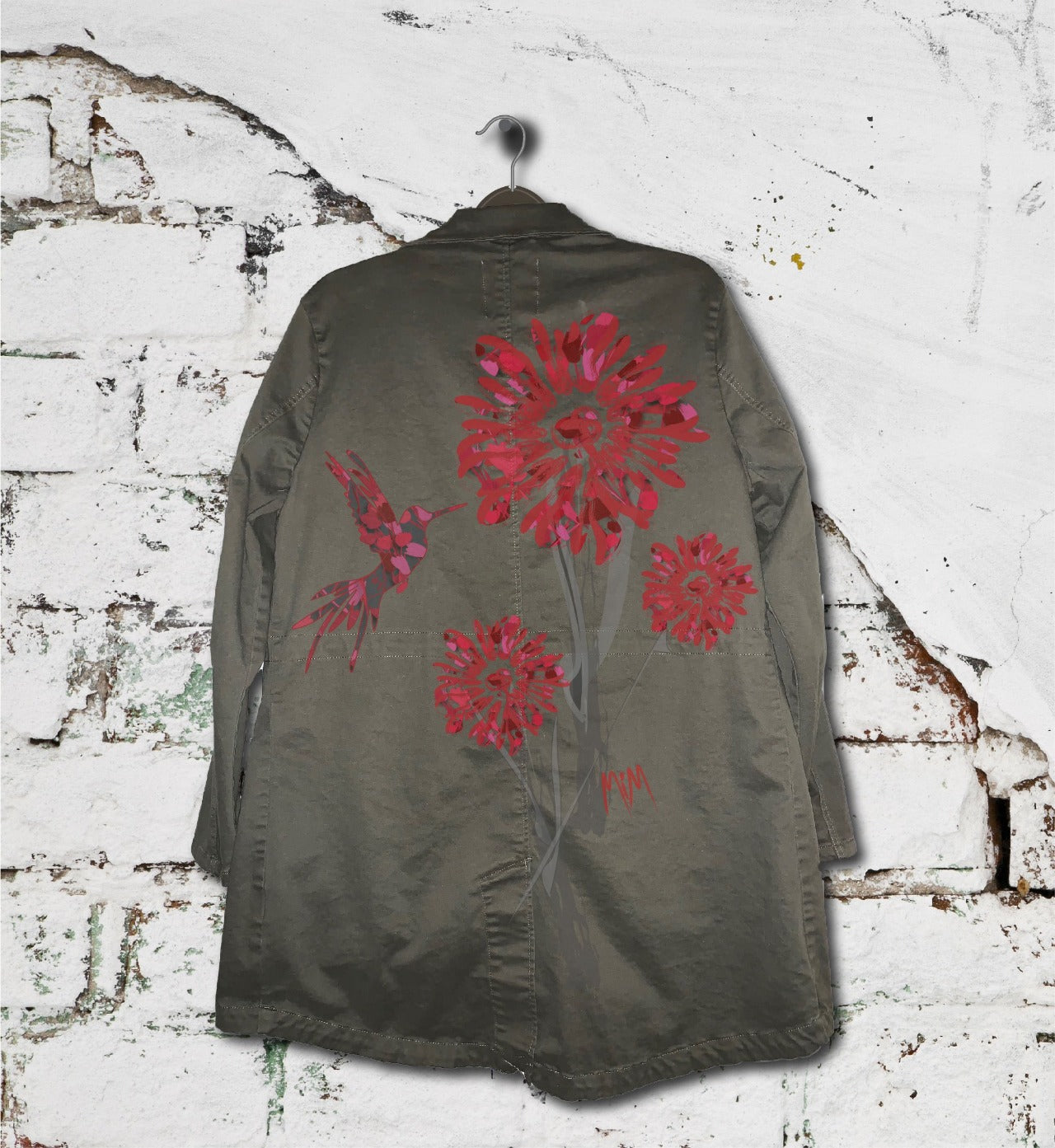 Red Flowers and a Hummingbird - Hand-Painted Bush Jacket