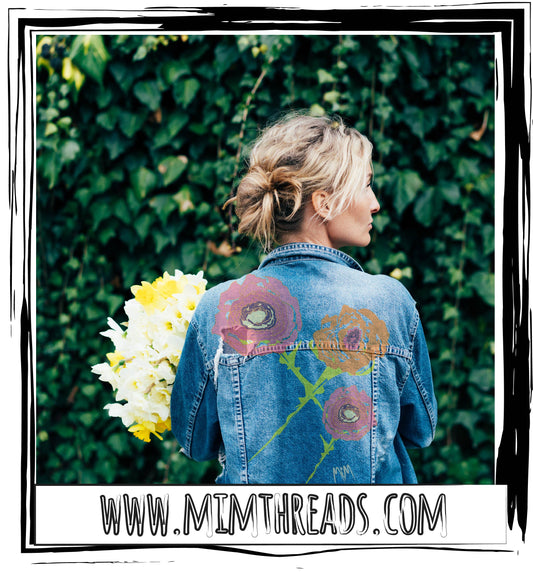 Funky Ranuncs - Hand-Painted Ranunculus on Distressed Denim