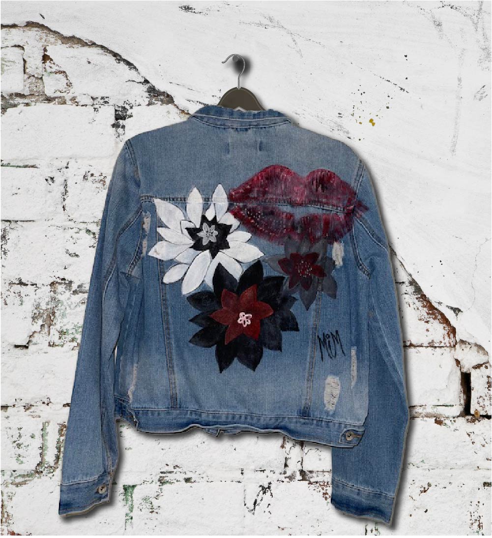 Kiss It Collection: Lips-n-Flowers Collage - Hand-Painted on Distressed Denim