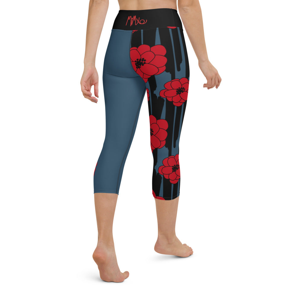 Big Bold Blooms Collection: Red, Black, and Blue High-Waisted Yoga Capri Leggings
