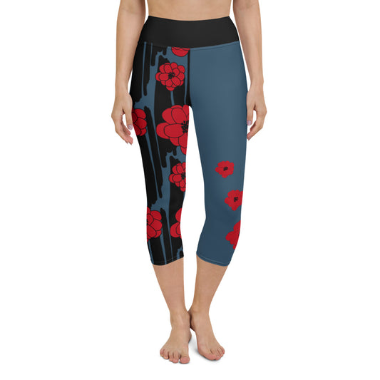 Big Bold Blooms Collection: Red, Black, and Blue High-Waisted Yoga Capri Leggings