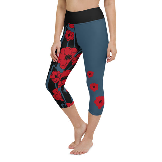Big Bold Blooms Collection: Red, Black, and Blue High-Waisted Yoga Capri Leggings