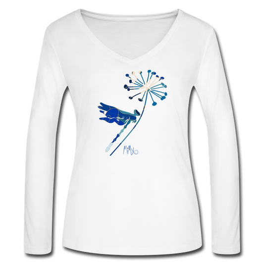 Joyful Autumn Dragonfly: Women’s Long Sleeve  V-Neck Flowy Tee - white