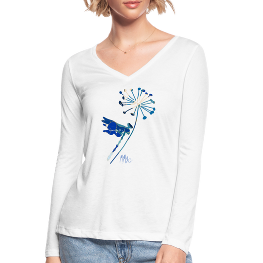 Joyful Autumn Dragonfly: Women’s Long Sleeve  V-Neck Flowy Tee - white