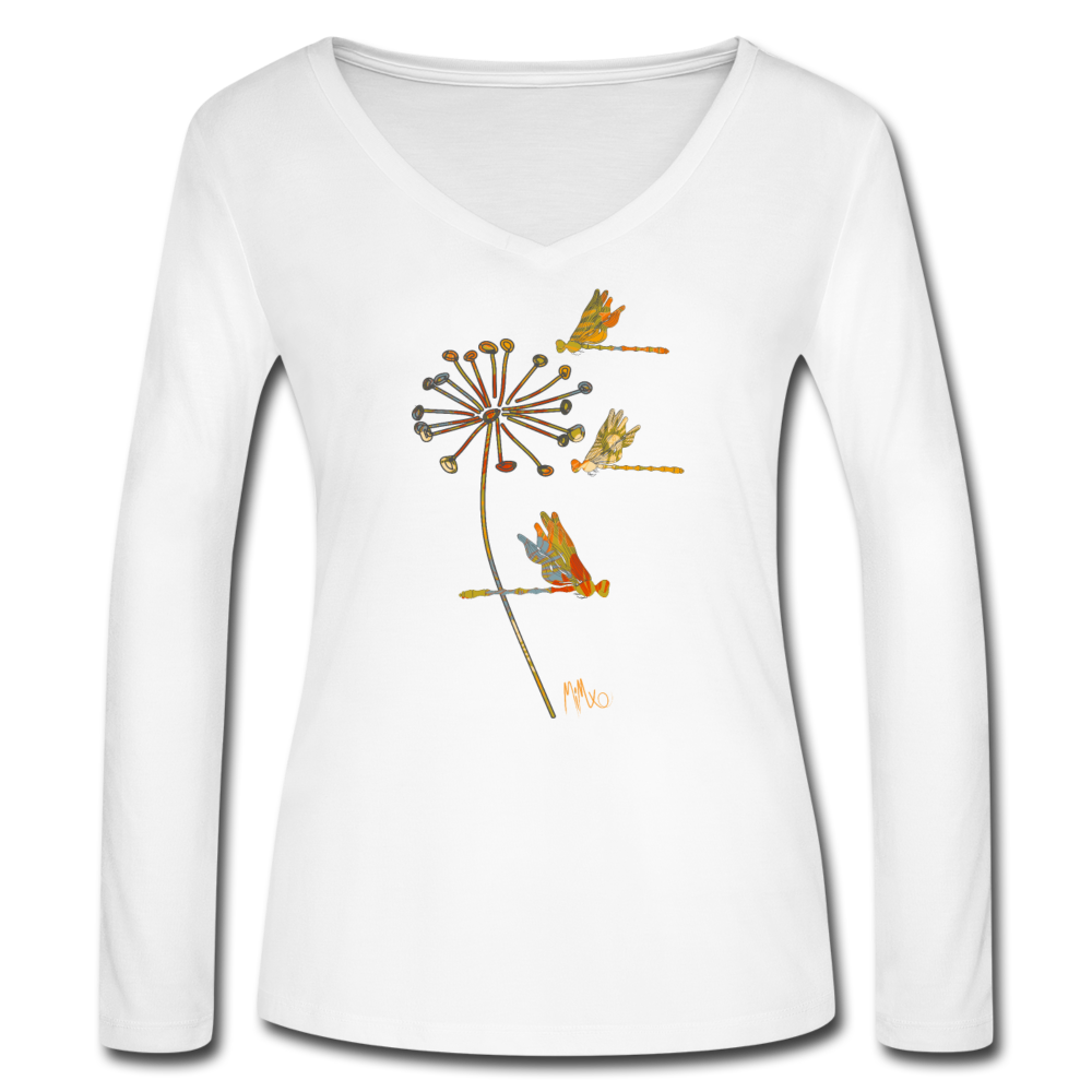 The Autumn Dragonfly Collection: Women’s Long Sleeve  V-Neck Flowy Tee - white