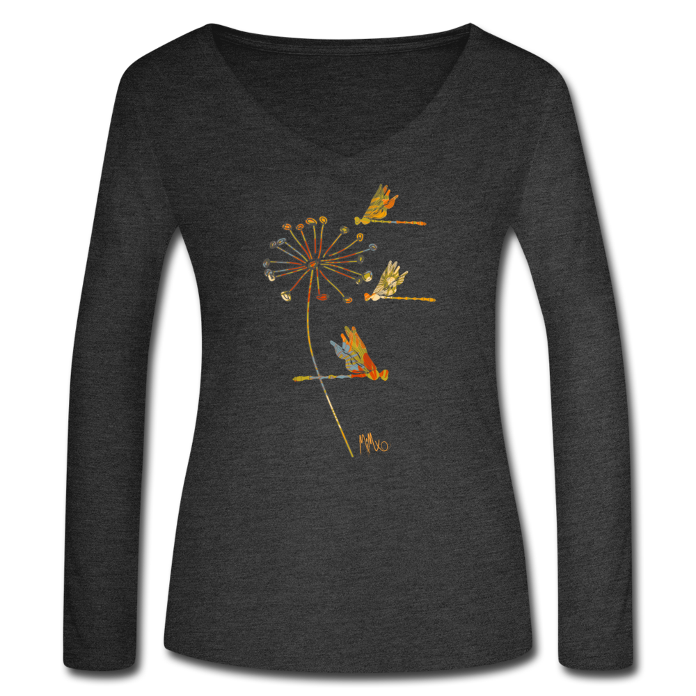 The Autumn Dragonfly Collection: Women’s Long Sleeve  V-Neck Flowy Tee - deep heather