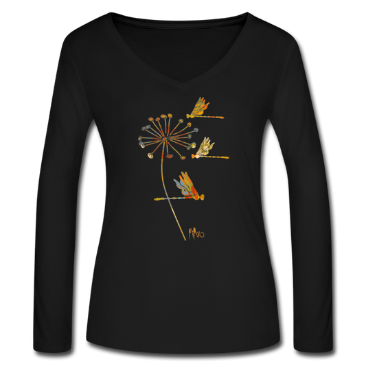 The Autumn Dragonfly Collection: Women’s Long Sleeve  V-Neck Flowy Tee - black